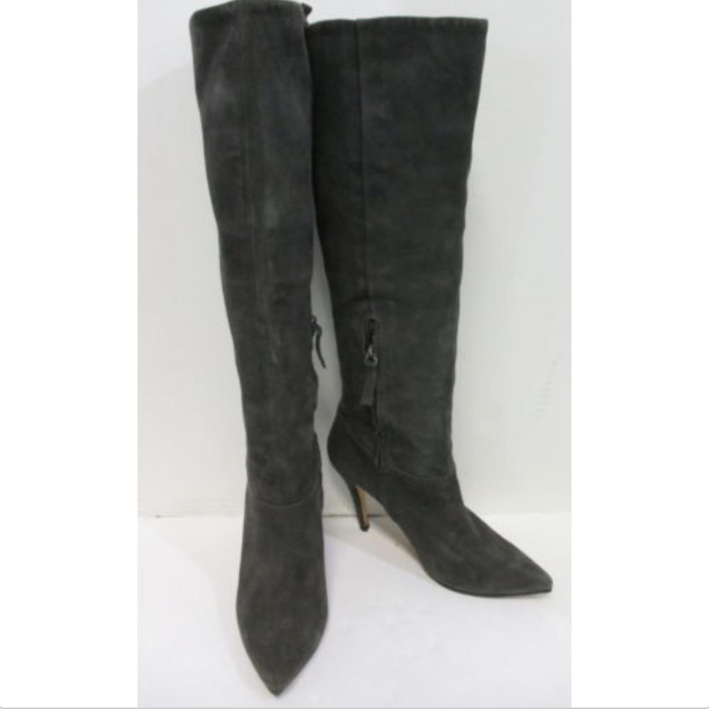LA FENICE grey suede knee high heeled boots